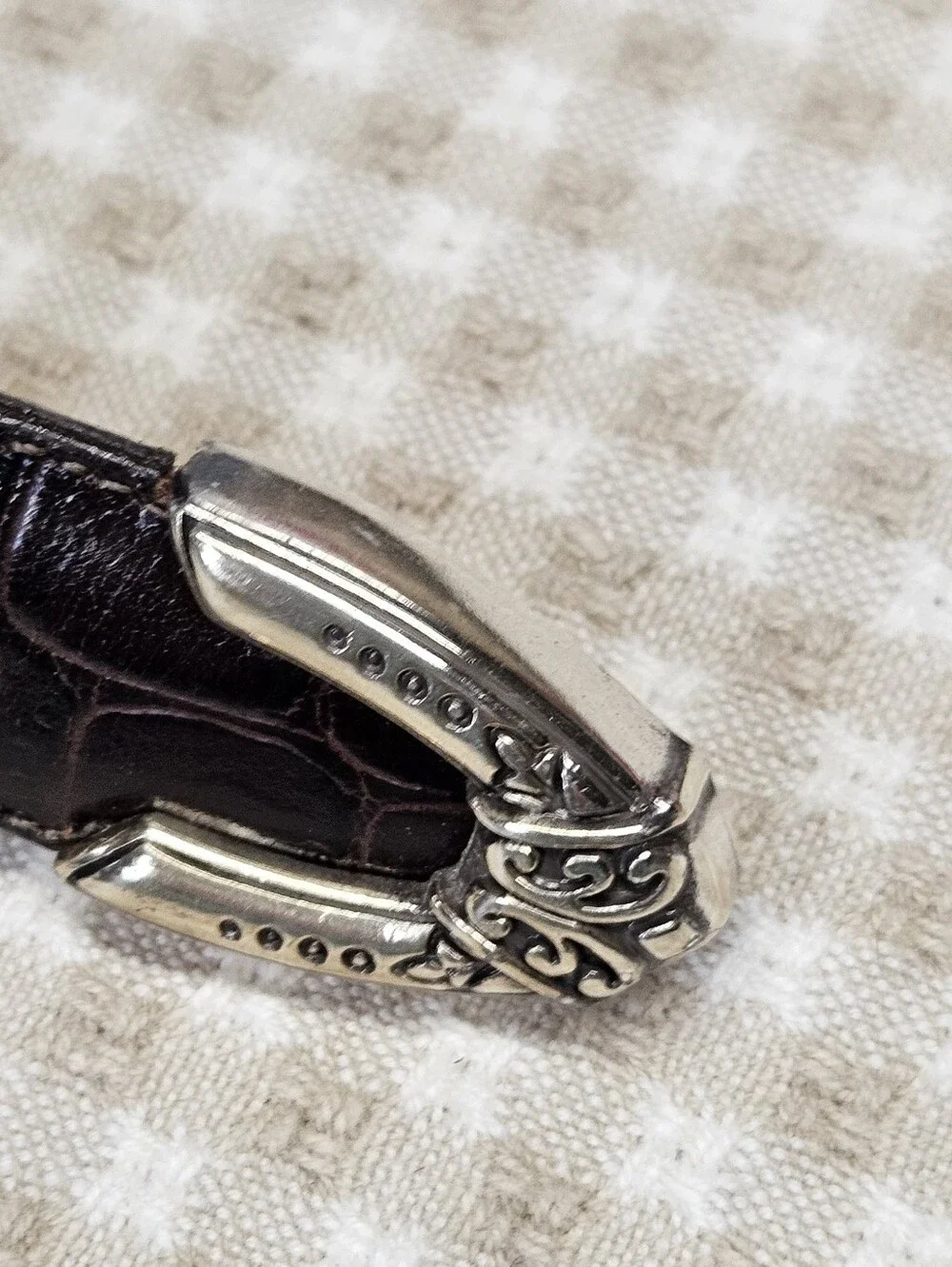 Brighton Dark Brown Croc Embossed Leather Heart Charm Silver Buckle Western Belt